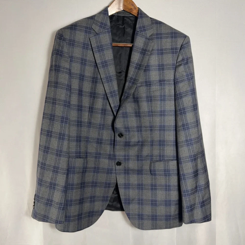 Hugo Boss Blazer Virgin Wool Plaid Two Button Grey Blue Mens 46R